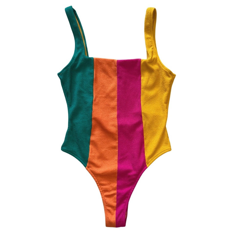 FARM Rio Brazil Stripe Mix Colorblock One Piece Swimsuit Textured High Cut